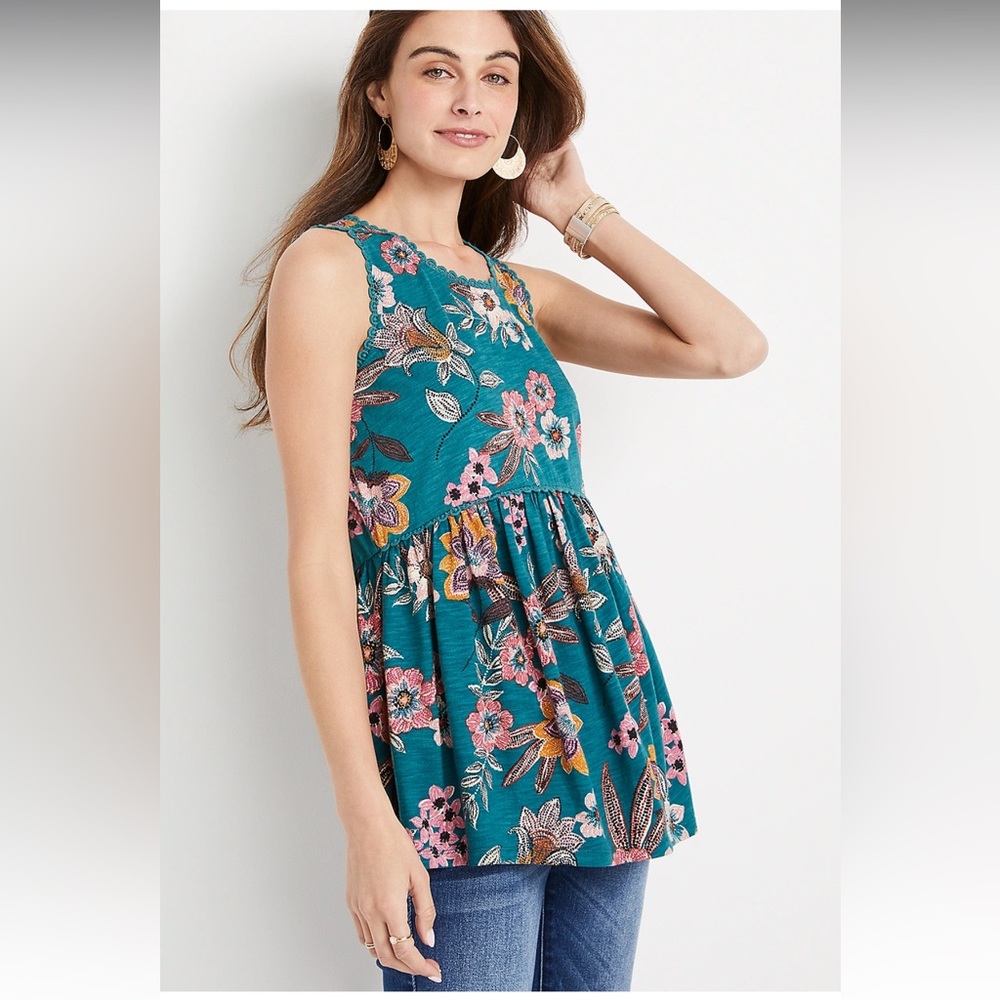 MAURICES Floral Eyelet Trim Peplum Tank